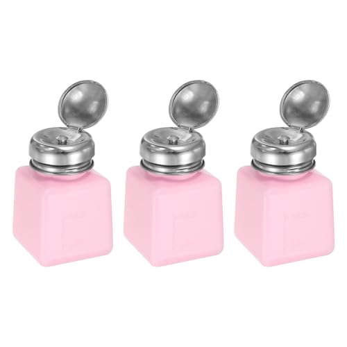 sourcing map 3pcs Solvent Alcohol Dispenser 100ml(3.4oz) Push Down Liquid Dispenser Pump Bottle with Sealing Stainless Steel Lid for Acetone Solution, Pink
