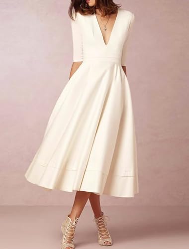 Women's Tea Length Wedding Dresses for Bride Satin Simple A Line Midi Formal Bridal Dress with Sleeves3
