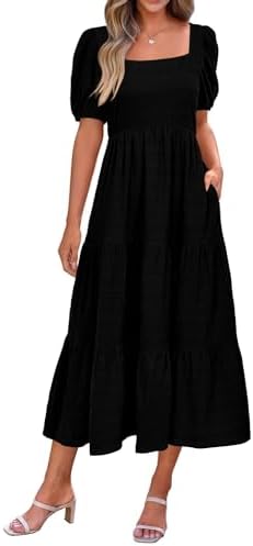PRETTYGARDEN Women's Summer Dresses 2025 Puff Sleeve Square Neck High Waist Smocked A-Line Flowy Loose Fit Midi Dress