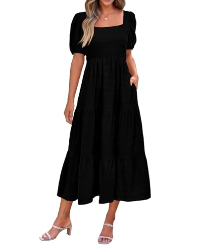 PRETTYGARDEN Women's Summer Dresses 2025 Puff Sleeve Square Neck High Waist Smocked A-Line Flowy Loose Fit Midi Dress