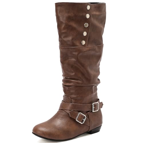 Smilice Bottes en métal pour femme - Boucles cloutées - Hauteur : 2 cm - Marche confortable, marron, 37 EU