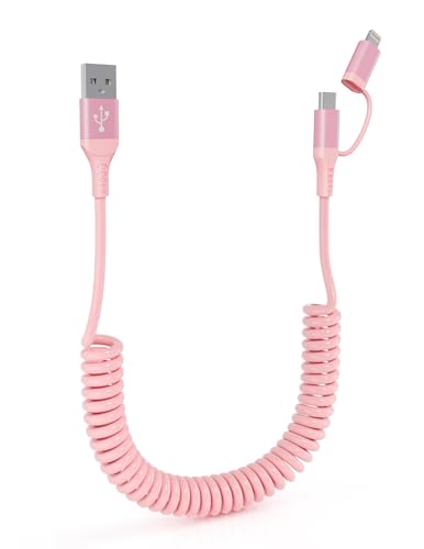 USB à la foudre et USB C Câble 2 en 1 Rose enroulée iPhone chargeur - Lumière du chargeur de voiture rose USB C Combo Cable Support Apple Carplay & Android Auto & Données, pour iPhone 16 15 14 13 12 11 Android