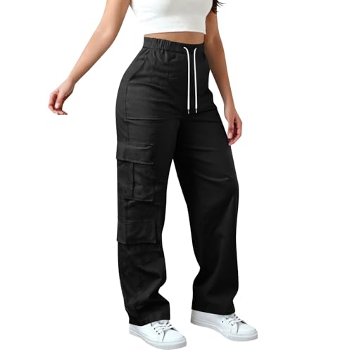 Generisch Damen Cargo Hosen Outdoor Arbeitshose mit Großen Taschen, Elastische Taille - Leicht & Atmungsaktiv für Wandern, Freizeitstyle (DE/NL/SE/PL, Alphanumerisch, M, Regular, Regular, Schwarz)