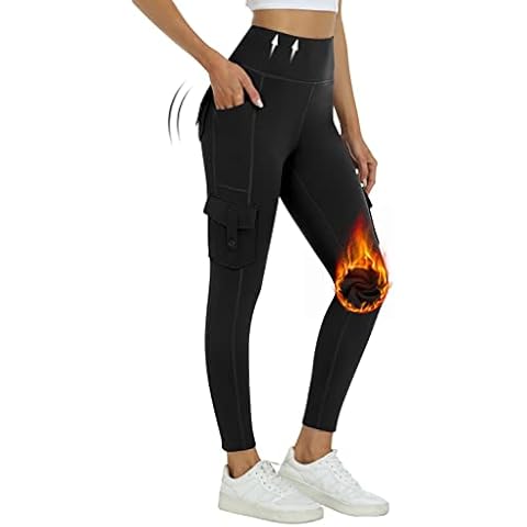 JINSHI Women's Fleece Lined Winter Leggings High Waisted Yoga Pants with Pockets Running Trousers Stretch Workout Gym Sports Hiking Tights Leggings Black Size 2XL Cover