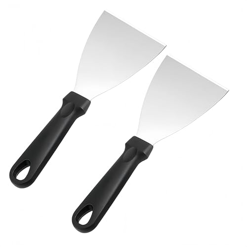 Naisfei 2 Pcs Griddle Scraper, Stainless Steel Triangular Spatula, Food Scraper, Pizza Dough Scraper, Grill Scraper,Ideal For Bbq Indoor & Outdoor, Black Handle