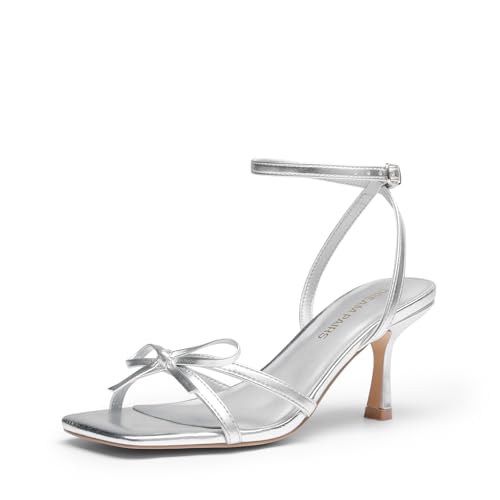 DREAM PAIRS Tacones de Moño para Mujer - Tacones de Kitten para Mujeres, Sandalias de Tacón con Punta Cuadrada y Tiras, Elegantes Sandalias de Moño para Bodas,Size 43,Plata,SDHS25073W