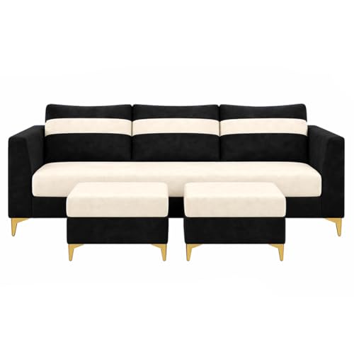 Image of FURNY Nova 5 Seater L Shape Sofa Set with 2 Movable Ottoman | Flexible Left or Right Layout | Plush Velvet Fabric (Black-Cream) | Perfect for Living Room, Guest Room & Office