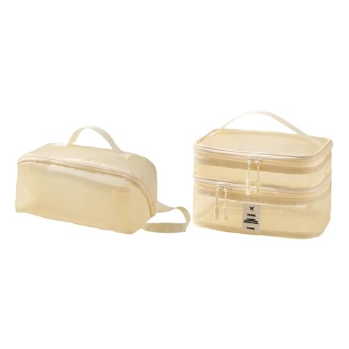 Gcljlmy 2 bolsas de maquillaje de malla, organizador para ciudadanos, portátil, de doble capa, organizador para actividades al aire libre, beige, A