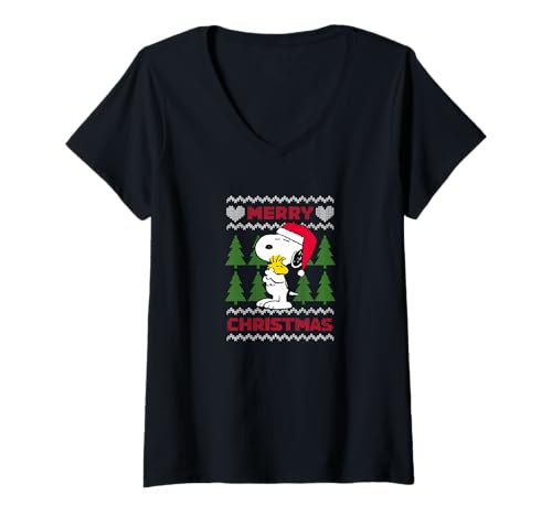 Peanuts Damen Christmas T-Shirt Schwarz S V-Ausschnitt Kurzarm Klassische Passform Cartoon Weihnachten