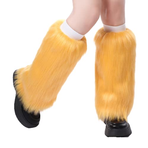 HYxwrjoker Women Faux Fur Furry Leg Warmers Girls Knee High Thick Socks Winter Boot Cuffs Cover Plush Ravewear Party Costumes