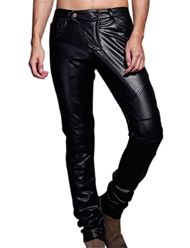 Men`s Slim Fit Party Performance Biker Faux Leather Jeans Pants