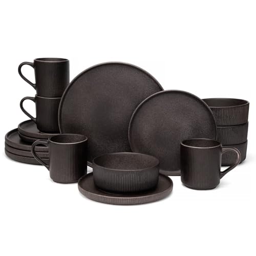 Image of OTAGO 16-Piece Dinnerware Set for 4 with Mugs, Ribbed Stoneware Plates and Bowls Sets, Unique Handcrafted Reactive Glaze, Chip and Scratch Resistant Dish Set, Microwave & Dishwasher Safe, Black