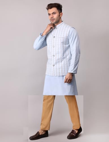 Image of Men's Cotton Silk Blend Regular Kurta Pyjama, Embroidered Nehru Jacket /Waistcoat Set