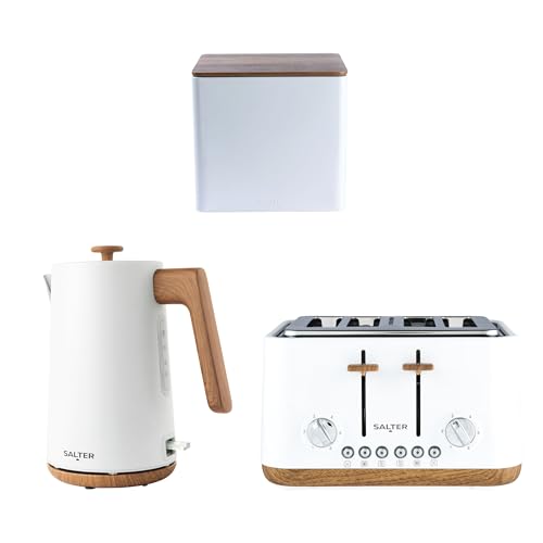 Salter Toronto 3-Piece Countertop Set – 1.7L Kettle with Boil-Dry Sensor & Auto-Shut Off, 4-Slice Toaster with 6 Browning Levels, Bread Bin, Carbon Steel with Wooden Lid, 3000W/1630W, COMBO-9406