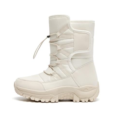 Bota De Nieve Para Mujer Alta Con Suela Gruesa Bota Media Tobillera Con Forro Polar Impermeable Y Antideslizante Para Senderismo Esquí Y Montaña Invierno(White,37)