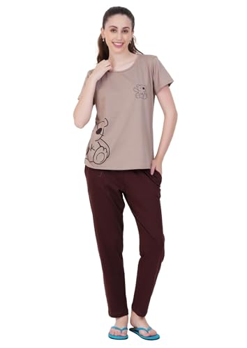 Image of litelooks clothing Women's Premium Cotton Print Night Suits β Comfortable & Stylish Pajama Set with Pockets (Chocolate, S)