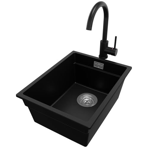 PRIMAGRAN Fregadero Granito Negro 36x47cm, Fregadero Cocina 1 Seno + Sifón + Grifo 32x20cm, Fregadero Granito sobre encimera al mueble 40cm - Prague Slim