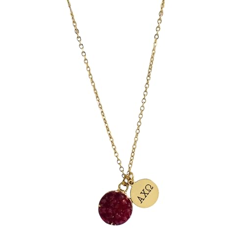 Sorority Shop ACO Necklace - Alpha Chi Omega Red Druzy Gemstone Necklace With Engraved Pendant – 14K Gold Dipped Jewelry with Red Gemstone – Sorority Gift, Charm Paraphernalia