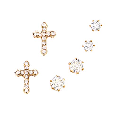 Rosemarie Collections Women's 3 Pair Earring Gift Set Hypoallergenic Trendy Small Cross And Cubic Zirconia Stud Earring Set (Gold Tone) #TOP23