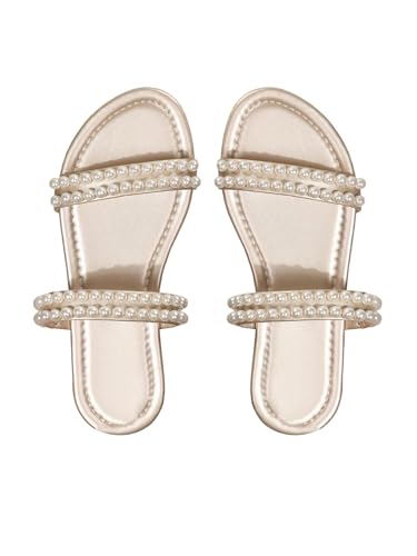 GORGLITTER Women's Pearl Beaded Flat Sandals Open Toe Beach Vacation Slide Sandals