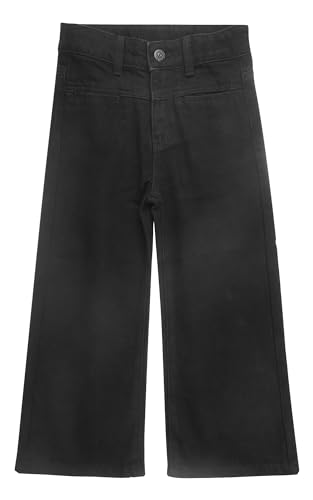 KIDSCOOL SPACE Hiden Front Pockets Girls Wide-Leg Denim Pants, 5-14T Elastic Waistband Inside with D-Ring Loops Jeans