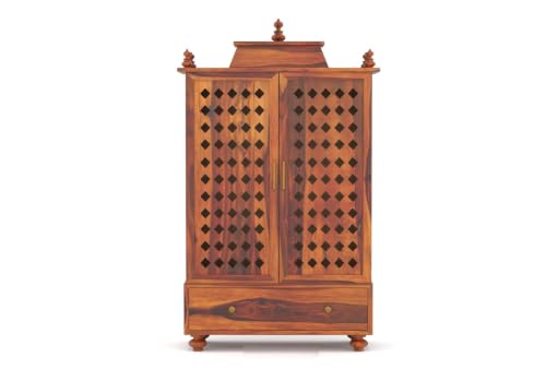 Image of Solid Sheesham Wood Temple for Home & Office /Mandir /God Stand /Pooja Stand /Home Mandap /Mandapam with Cabinet Doors & Multiple Storage (Honey-1, Large)