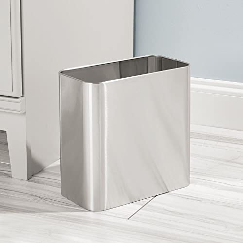 Image of mDesign Small Metal 2.4 Gallon /9 Liter Trash Can Wastebasket Garbage Bin for Bathroom, Slim Rubbish Waste Bin Trashcans - Mirri Collection - Brushed Chrome (Pack of 3)