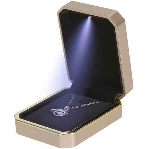 Luxury LED Pendant Necklace Gift Box with LED Light, Velvet Jewelry Storage Display Case for Proposal Engagement Wedding Anniversary Birthday Valentine's Day (Gold)