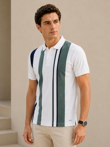 Image of GODFREY Striped Tshirt Shirts Men Cotton Polo T Shirt for Man with Pocket - Regular Fit Half Sleeve Collar T Shirts for Men