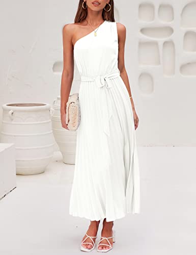Merokeety Womens Summer Sleeveless One Shoulder Pleated Tie Waist A Line Cocktail Party Maxi Dress,White,L #TOP5