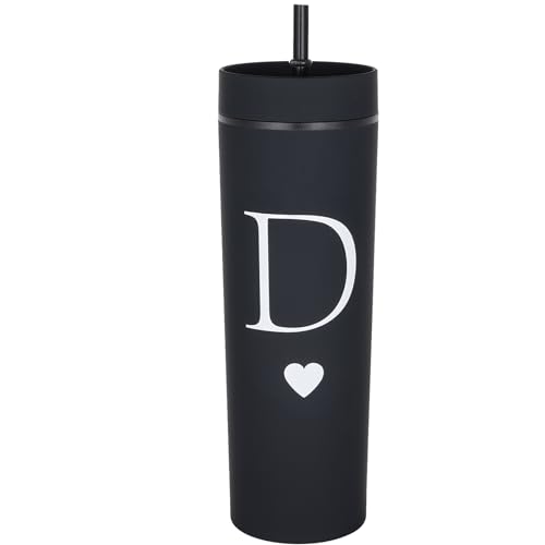 Forest Kiss Letter D Personalized Initial Gifts for Women Men 16oz Double Wall Food-grade Plastic Skinny Tumbler Monogrammed Matte Slim Cup Wedding Graduation Birthday Present (D)