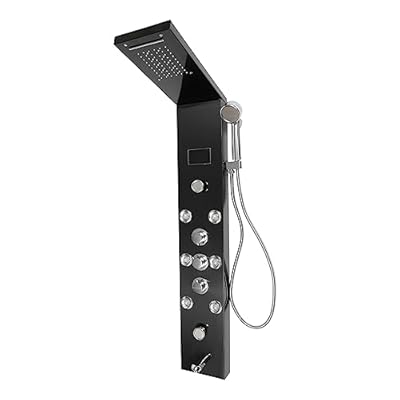 LED Shower Panel Tower System, Hydroelectricity Display Rain Massage Full Body Shower System with Jets, Bathroom 6-Function Shower Tower with LED Rainfall Waterfall Shower Head, Black