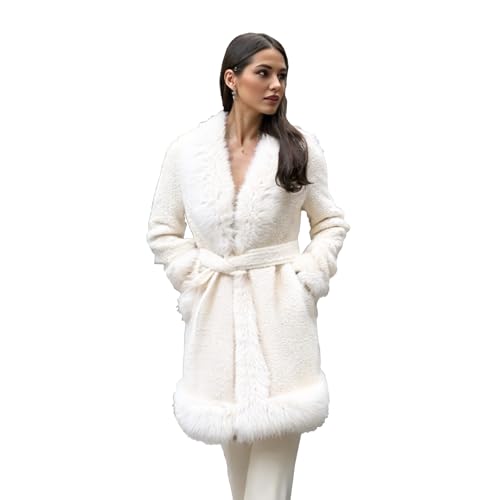 Luxury Winter Coat with Faux Fur Trim, White Wool Blend, Belted Long Length