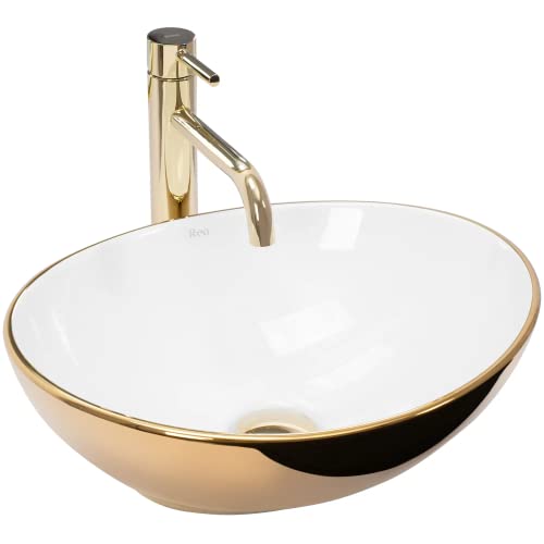 VBChome Waschbecken Golden Weiß 41 x 33 x 13 cm Mini Keramik Weiß Oval Waschtisch Handwaschbecken Aufsatzwaschbecken Waschschale Gäste WC