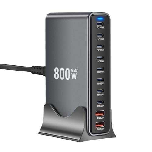 OHLOPL 800W GaN III 10-Port USB-C Charging Station - Fast Charger for Laptops, Tablets, Smartphones, and More (Black)