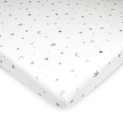 Image of American Baby Company 2 Pack 100% Natural Cotton Fitted Pack and Play Sheets 39 inch x 27 inch - Soft & Breathable Pack N Play Sheets for Playard & Mini Crib Mattress, Grey Stars /Zigzag, for Boys & Girls