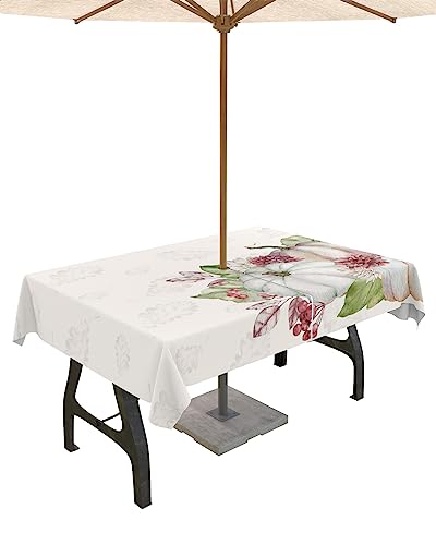 Fall Pumpkin Outdoor Tablecloths with Umbrella Hole and Zipper, Rustic Maple Leaves Autumn Flowers Waterproof/Stain Resistant Rectangle Table Cloth 60x102 Patio Table Cover for Picnic/Party