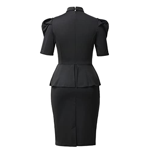 Image of Church Clergy Dresses for Women Minister Short Sleeve Ruffle Slim Pencil Dress with Tab Collar