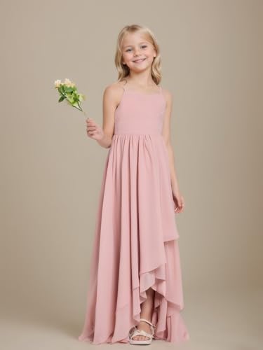 Junior Bridesmaid Dresses High Low Chiffon Pleated Flower Girl Dress Spaghetti Straps Wedding Party Pageant Gown4
