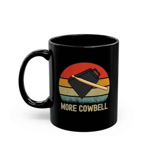 Perfect Printables Funny More Cowbell Black Mug Gifts, Give Me More Cow Bell Movie Meme Musician Phrases Joke Saying Cup Presents