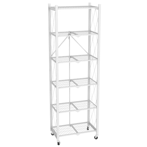 Image of black leopard 6-Tier Foldable Metal Storage Shelf with Wheels, White