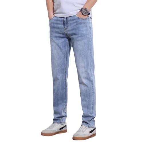 Men Spring Summer Slim Straight Gray Light Blue Stretch Jeans Regular Fit Denim Pants