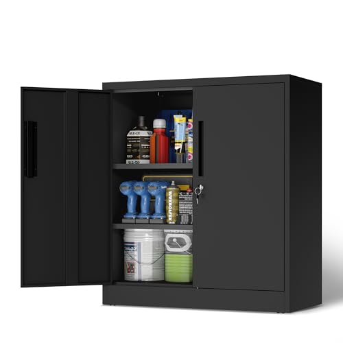 BIZOEIRON Metal Storage Cabinet with 2 Adjustable Shelves Garage Tool Cabinet with 2 Lockable Doors for Office Home Garage Require Assembly Black