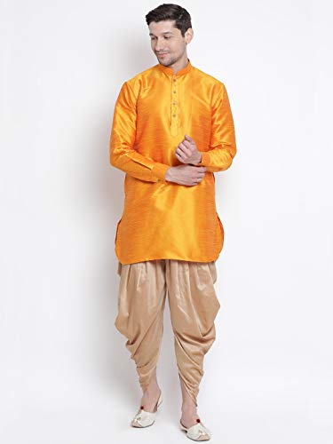 Image of Vastramay Men's Gold Curved Shape Pathani Style Silk Cotton Kurta - Mid-Length with Buttoned Cuff, Soft & Comfortable Ethnic Wear