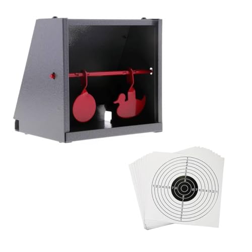 Tragabalín de Tiro Dual para Pistolas Airsoft y Aire Comprimido | para dianas estándar 14 x 14 cms Incluye 100 Dianas + Blancos Metálicos Móviles | Acero Reforzado | | Portátil y Fácil de Instalar