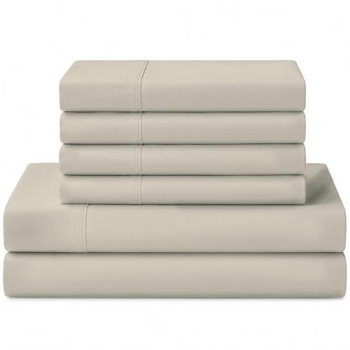 Image of Linen Home 100% Cotton Percale Sheets Queen Size, Light Taupe, Deep Pocket, 6 Pieces Set- 1 Flat, 1 Fitted and 4 Pillowcases, Crisp Cool and Long Staple Strong Bed Linen