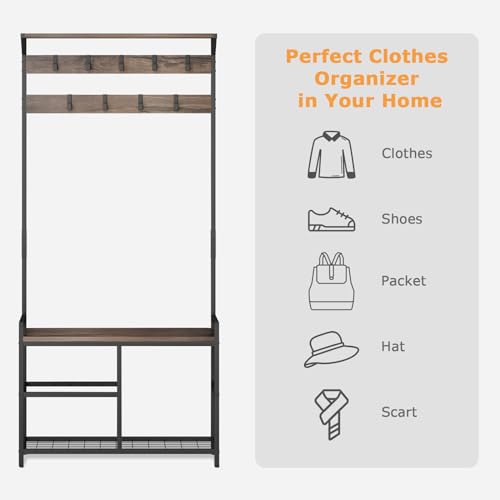HOMEKOKO Coat Rack Shoe Bench, Hall Tree Entryway Bench with Storage, Wood Look Accent Furniture with Metal Frame, 3-in-1 Design (Dark Brown)