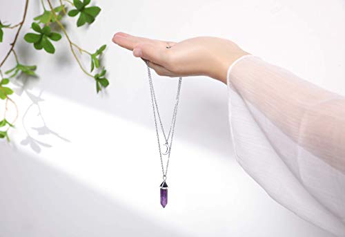 Xiannvxi Amethyst Healing Crystal Stone Point Pendant Necklaces Crescent Moon Necklace Spiritual Reiki Witch Gemstone Layered Dainty Jewelry For Women Girls #TOP2