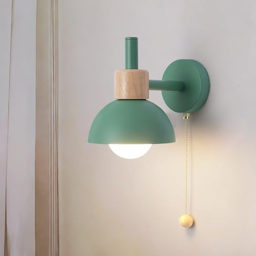 Image of Pull Chain Wall Sconce for Bedroom, Vintage Bedside Wall Lamp with E26 Socket, Wall Lighting for Kids Room Hallway Boys Girls (Green)