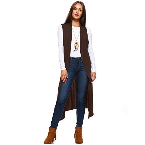 Image of Isaac Liev Women's Sleeveless Cardigan - Casual Long Maxi Open Front Flowy Drape Lightweight Duster Vest 8VEST BROWN L